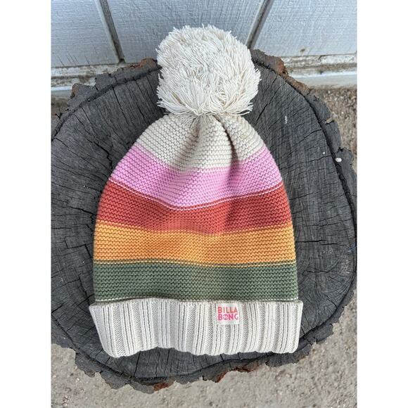 Billabong Knit Beanie Winter Hat, Striped, Ball On Top, Cotton Blend, One Size - Picture 1 of 5